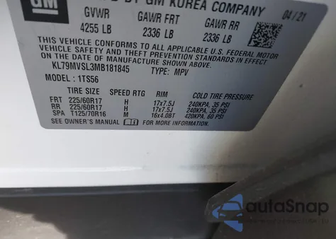 2021 Chevrolet Trailblazer Activ z USA, uszkodzony, nr VIN KL79MVSL3MB181845